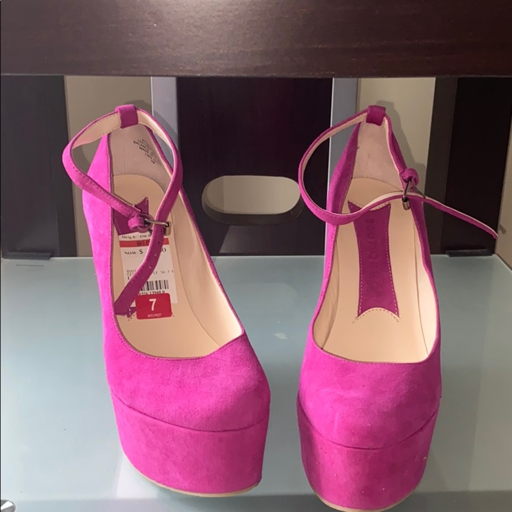 Pink ankle strap wedges